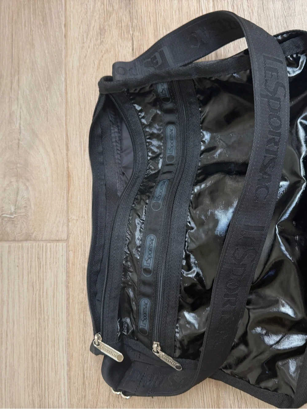 Lesportsac Black Gloss Nylon Messenger Bag with Adjustable Strap
